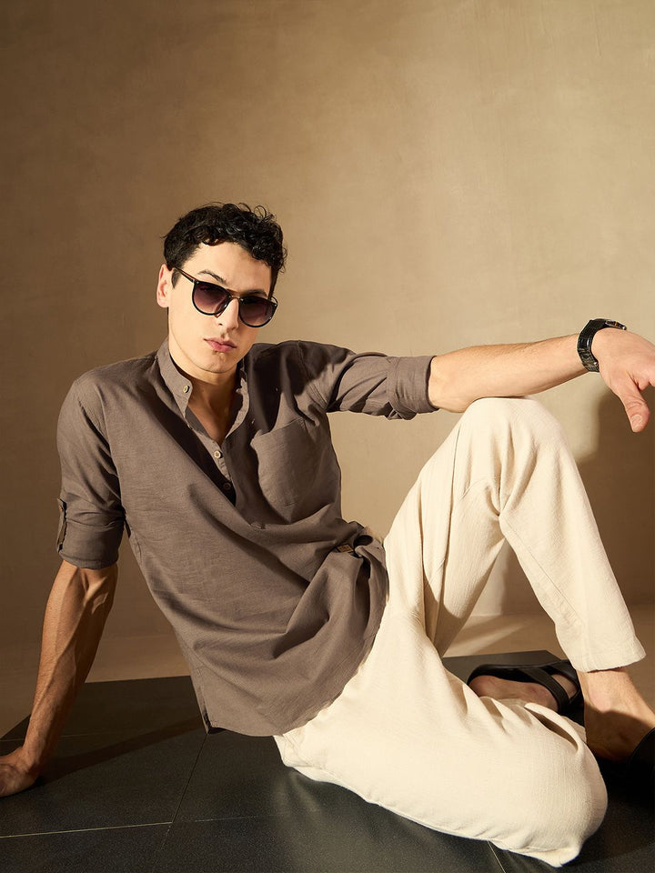 DENNISON Men Brown Solid Straight Pure Cotton Short Kurta