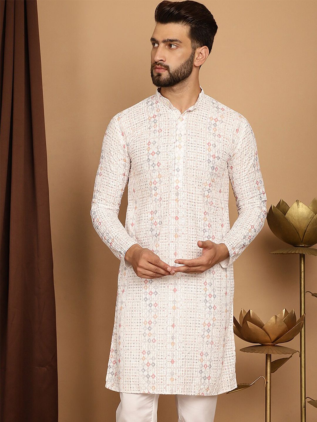 SOJANYA Embellished Sequinned Long Sleeves Straight Pure Cotton Kurta