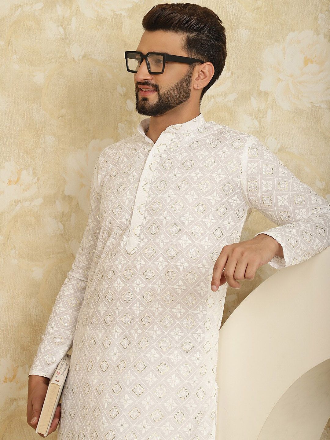 SOJANYA Kurta Lurus Kolar Mandarin Sulam Bunga