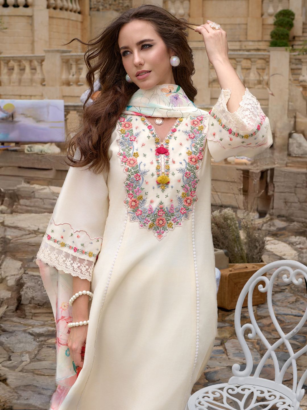 Indo Era Floral Embroidered Kurta With Trousers & Dupatta