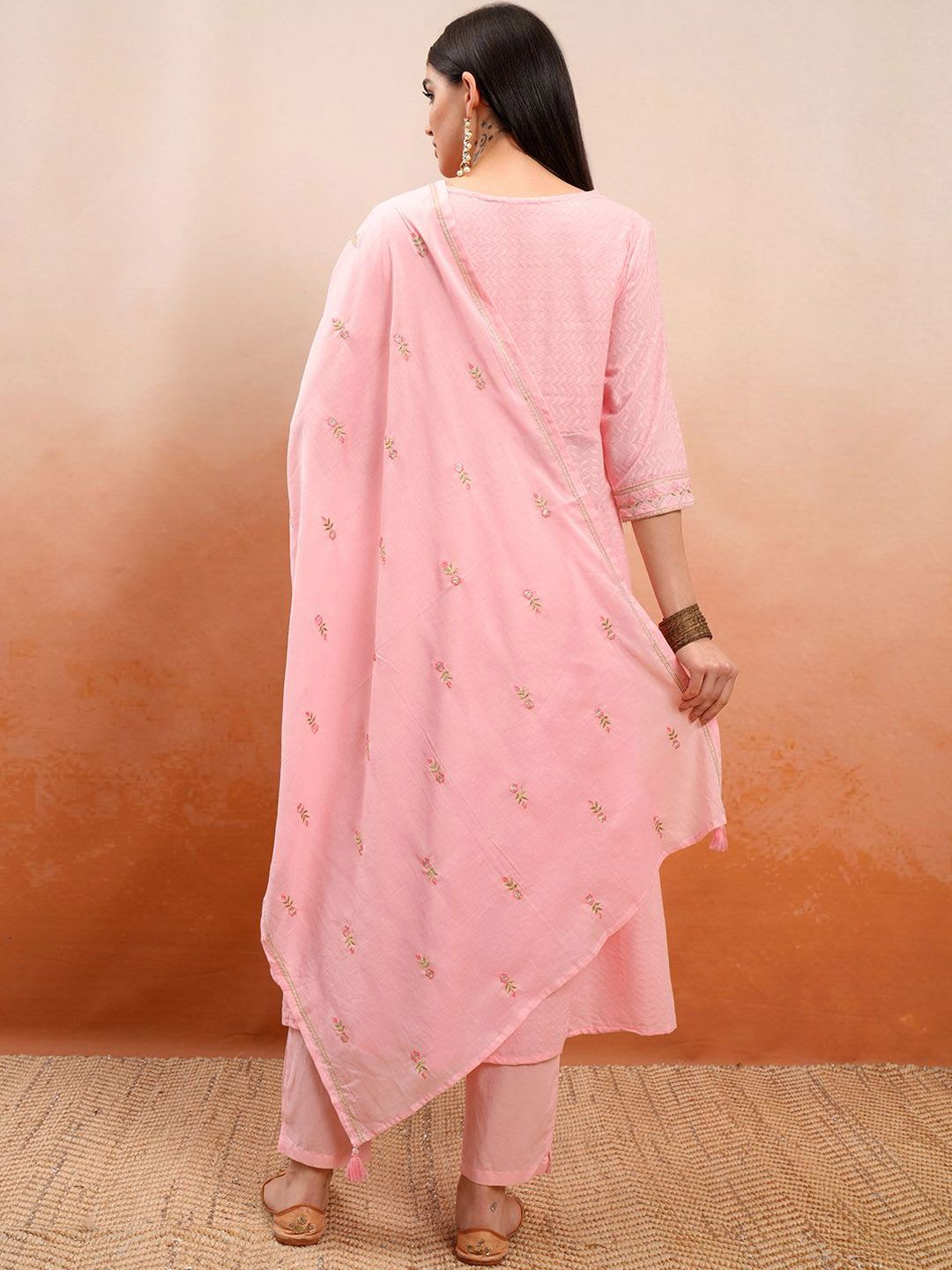 Vishudh Floral Embroidered V-Neck Pure Cotton Kurta with Trouser & Dupatta