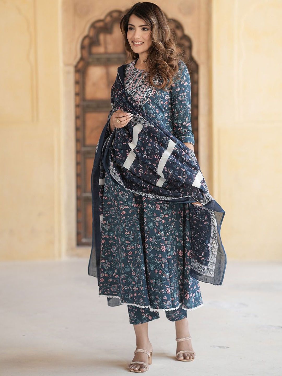 KALINI Floral Embroidered Thread Work Pure Cotton Anarkali Kurta With Trousers & Dupatta