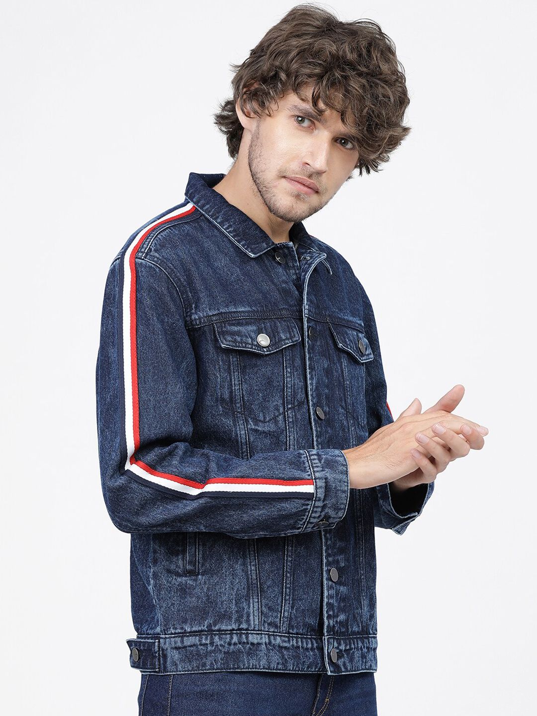 HIGHLANDER Men Blue Washed Denim Jacket with Patchwork