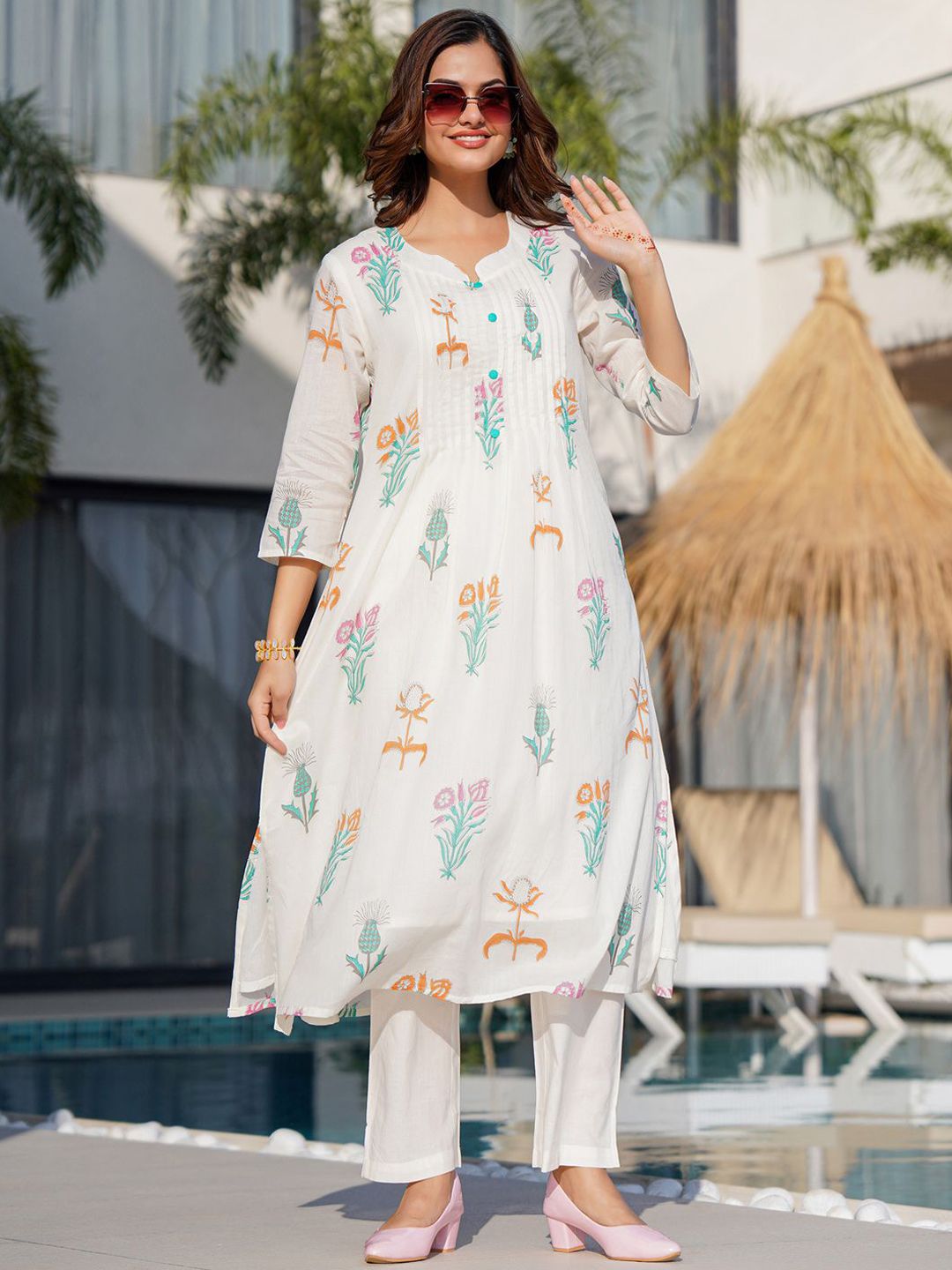Indo Era Floral Printed Pure Cotton A-Line Kurta with Trousers