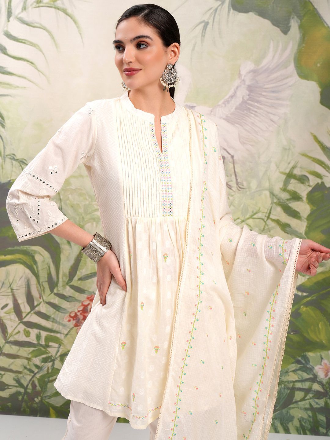 Vishudh Cream Coloured Mirror Work Pure Cotton A-Line Kurti With Trousers & Dupatta