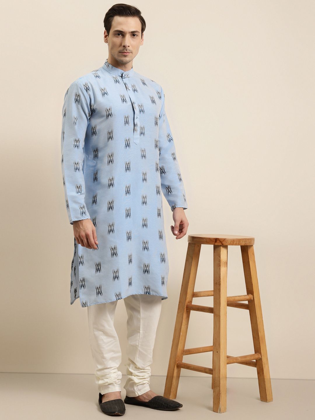 Sojanya Lelaki Kuning & Hitam Rekaan Tenun Ikat Kurta Kapas Tulen
