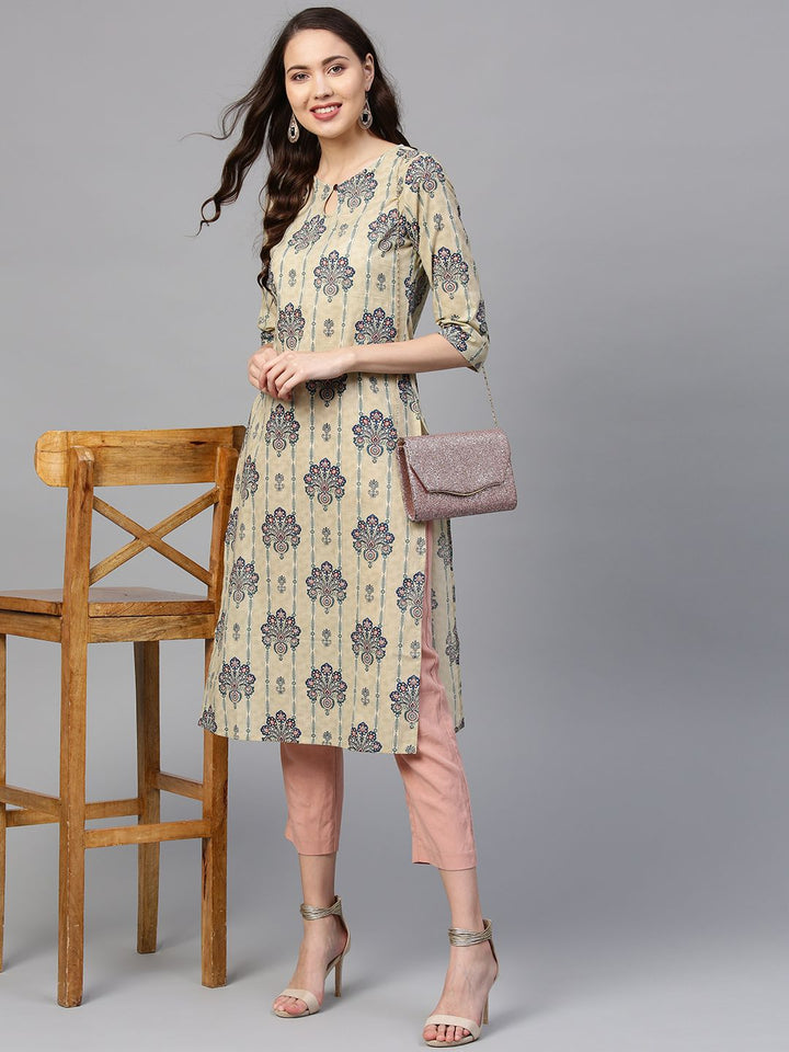 SOJANYA Women Beige & Green Printed Straight Kurta