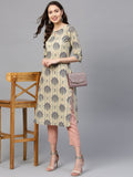 SOJANYA Women Beige & Green Printed Straight Kurta
