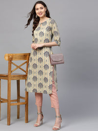 SOJANYA Women Beige & Green Printed Straight Kurta