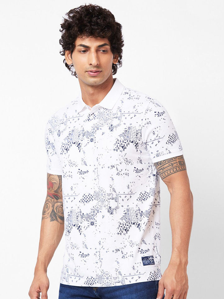 SPYKAR Abstract Printed Polo Collar Slim Fit T-shirt