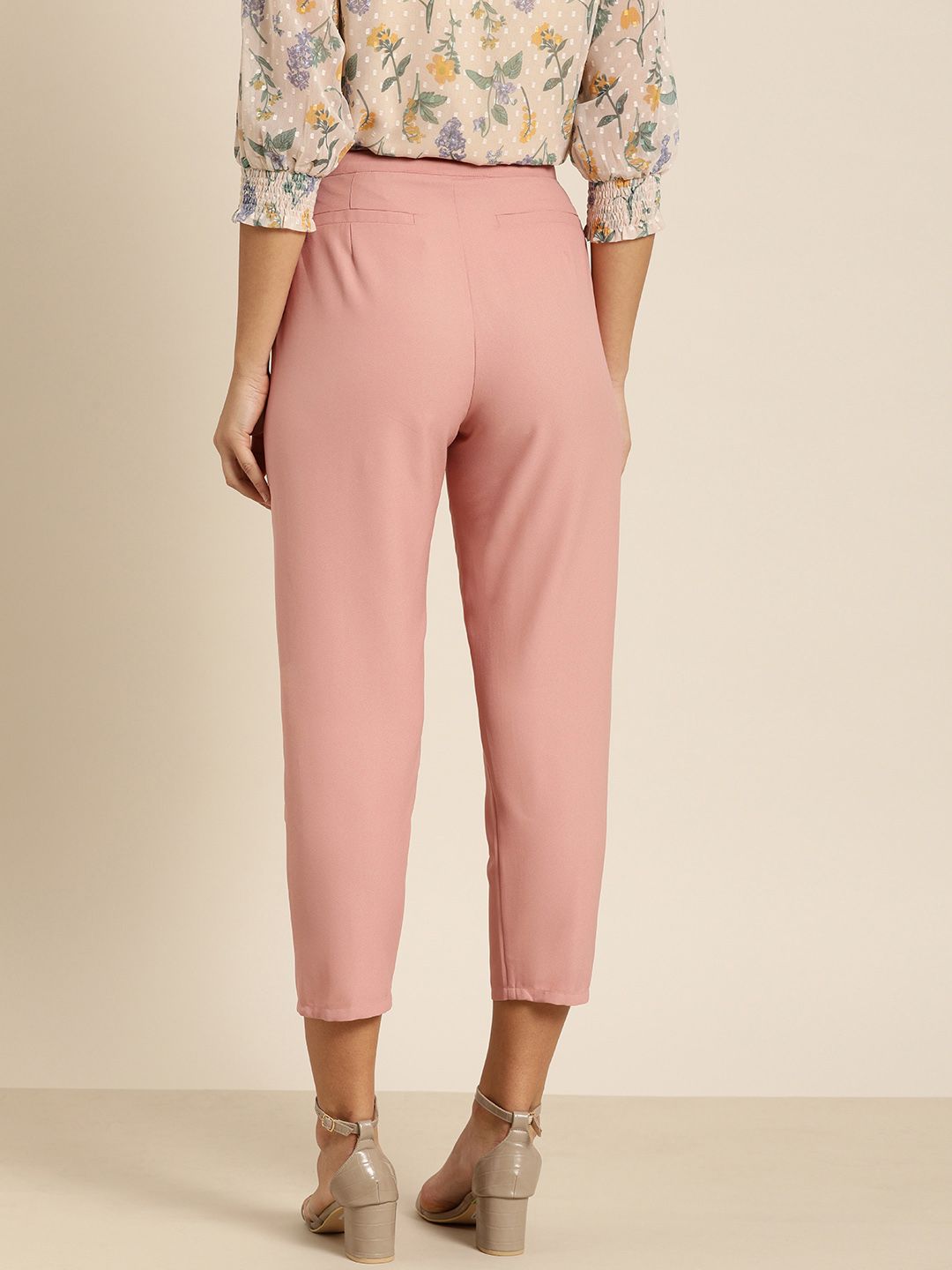all about you Women Pink Solid Cropped Regular Trousers with Waist Tie-Up detail