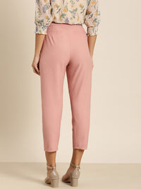 all about you Women Pink Solid Cropped Regular Trousers with Waist Tie-Up detail