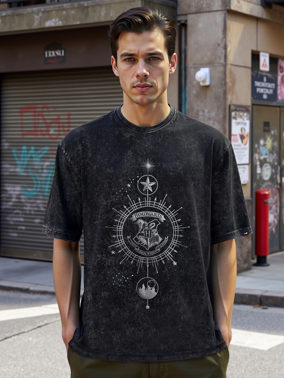 Bewakoof Black Harry Potter Printed Round Neck Short Sleeves Cotton Oversized T-shirt
