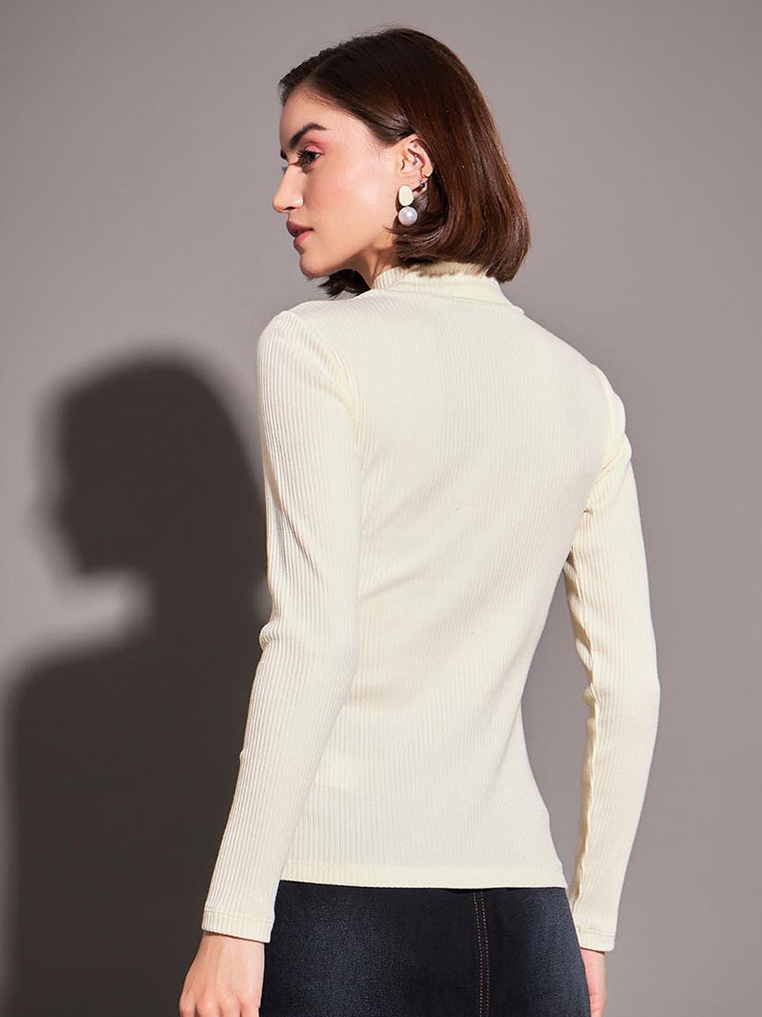 SASSAFRAS Off White Ribbed High Neck Cut Out Regular Top
