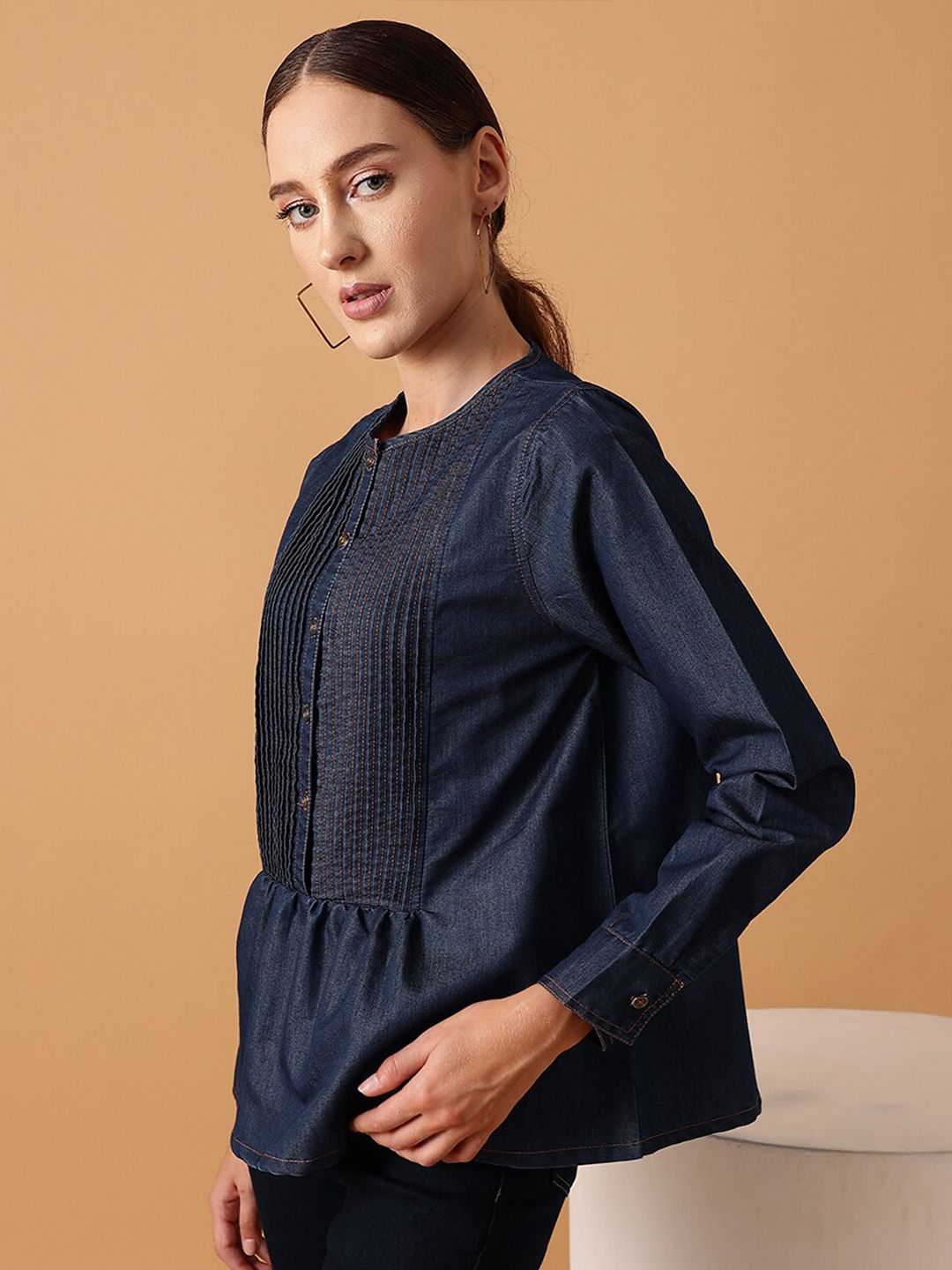 STREET 9 Pleated Round Neck Pure Cotton Denim Regular Top