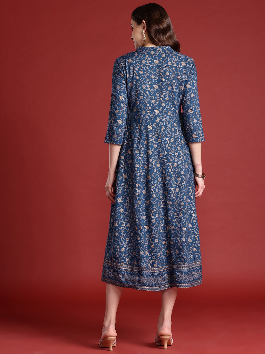Anouk Tie-Up Tassels Detail Foil Print A-Line Midi Ethnic Dress