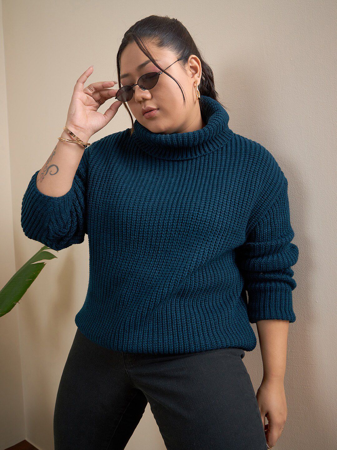CURVY STREET Plus Size Ribbed Turtle Neck Acrylic Pullover