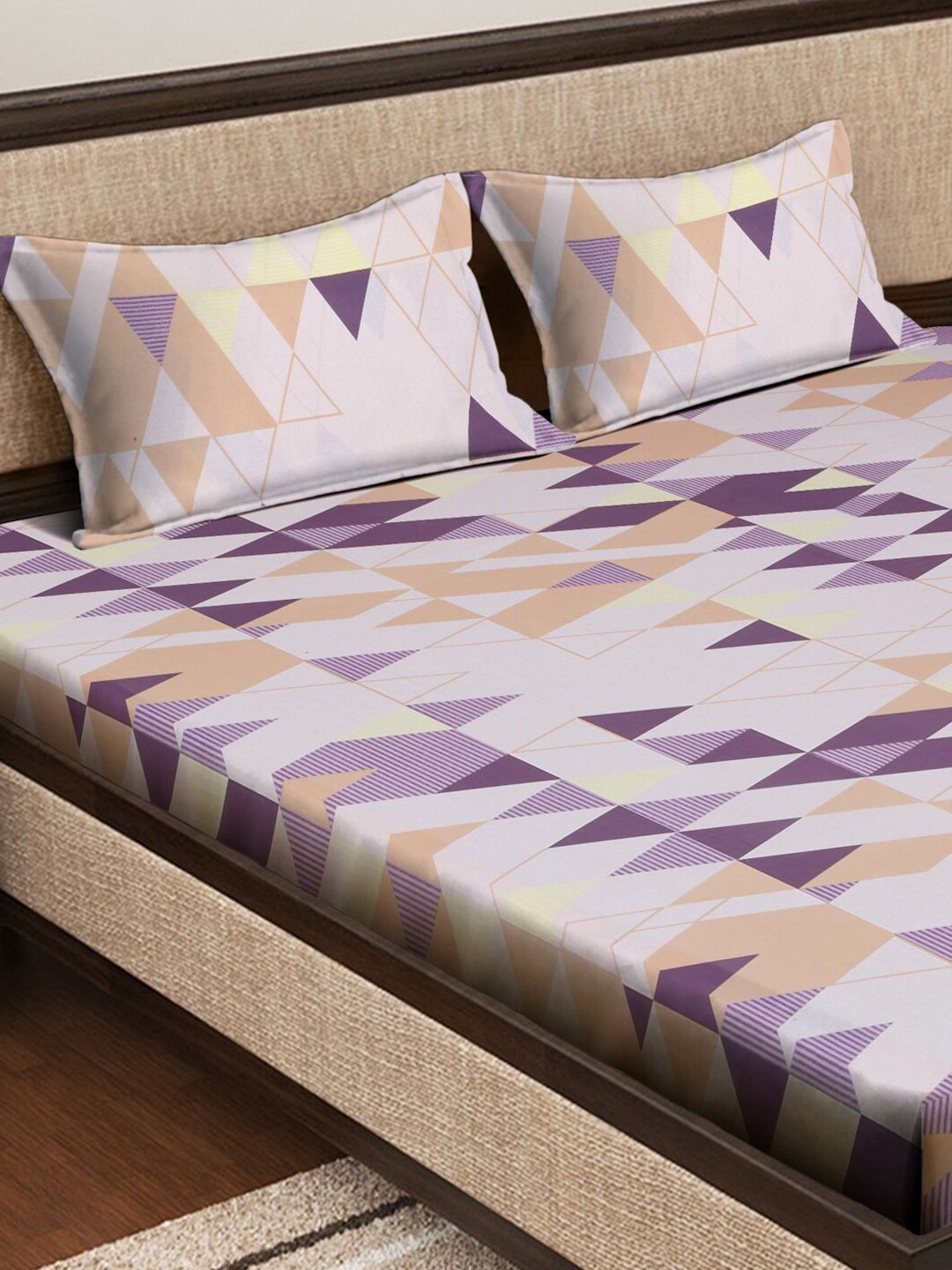 KLOTTHE Geometric Printed Fitted 400 TC Double King Bedsheets with 2 pillow covers