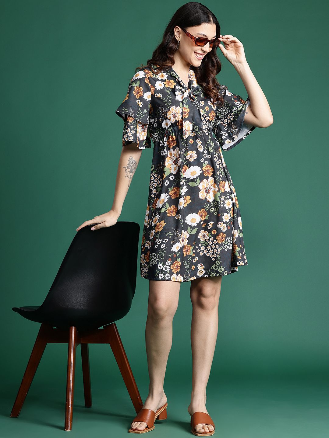 DressBerry Floral Print Flared Sleeve Mini Dress