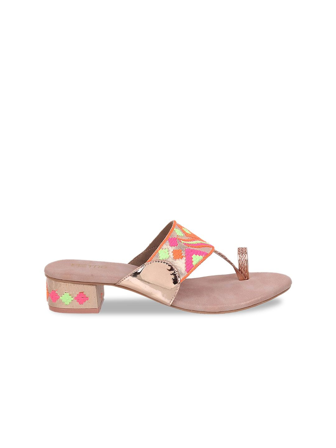 Metro Ethnic Embellished Woven Design Open One Toe Block Heels