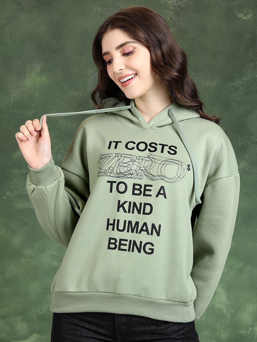 Tokyo Talkies Green Typography Printed Hooded Sweatshirt