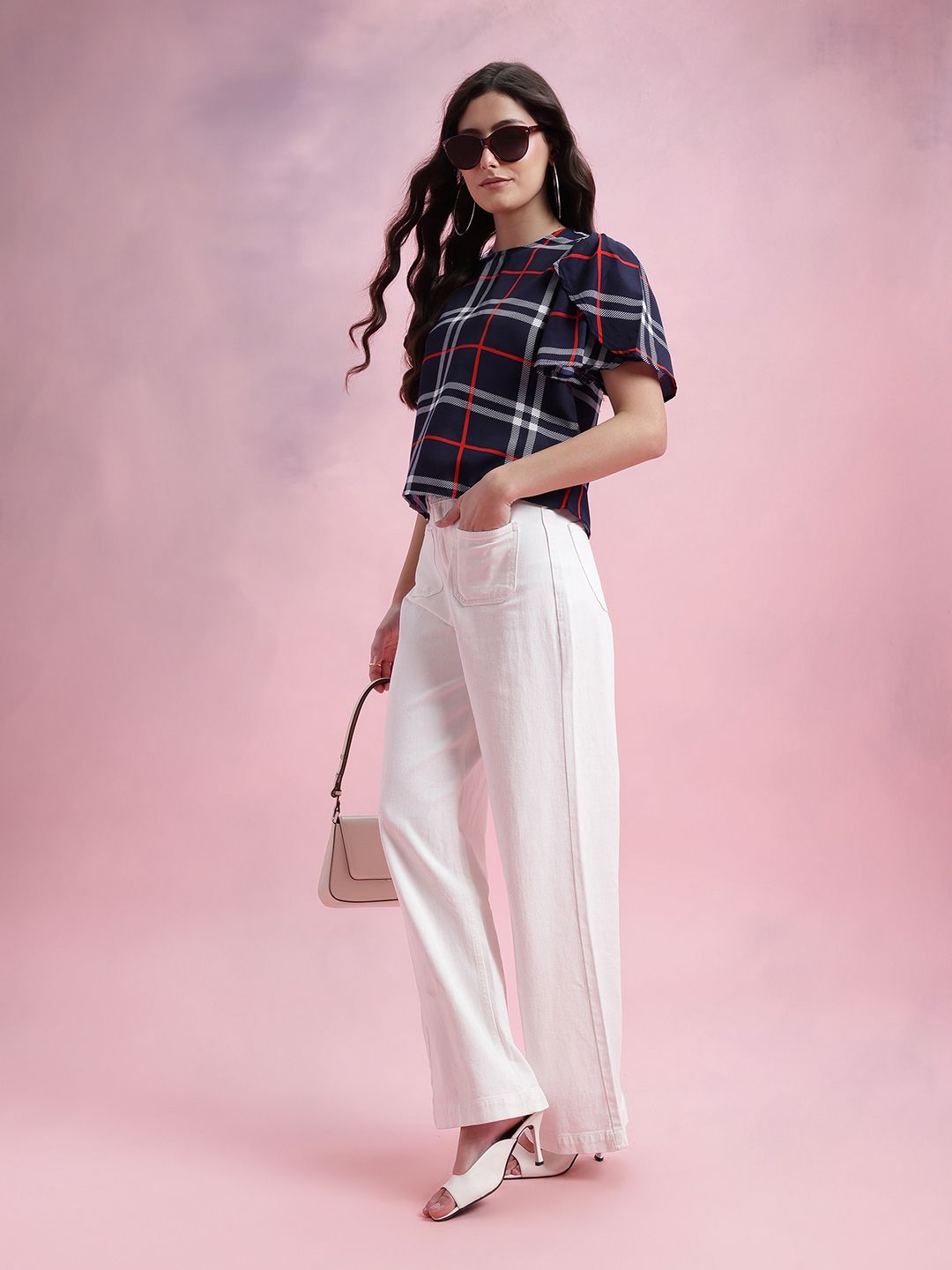 DressBerry Checked Tulip-Style Flared Sleeves Top