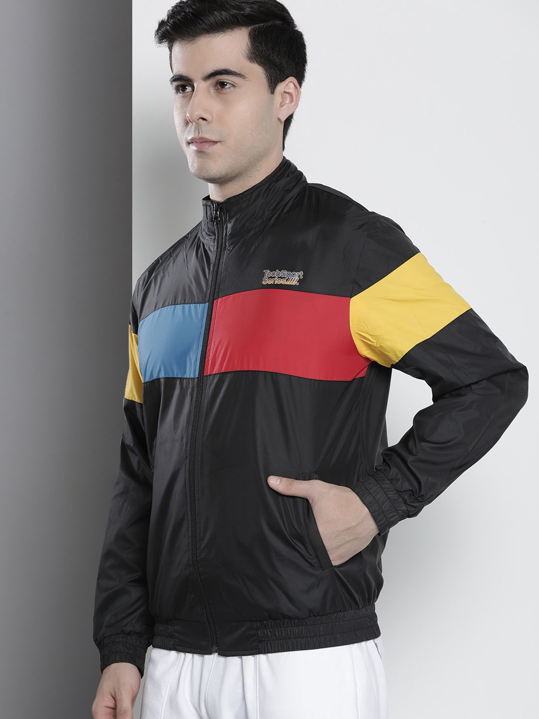 The Indian Garage Co Men Black & Yellow Colourblocked Windcheater Outdoor Sporty Jacket