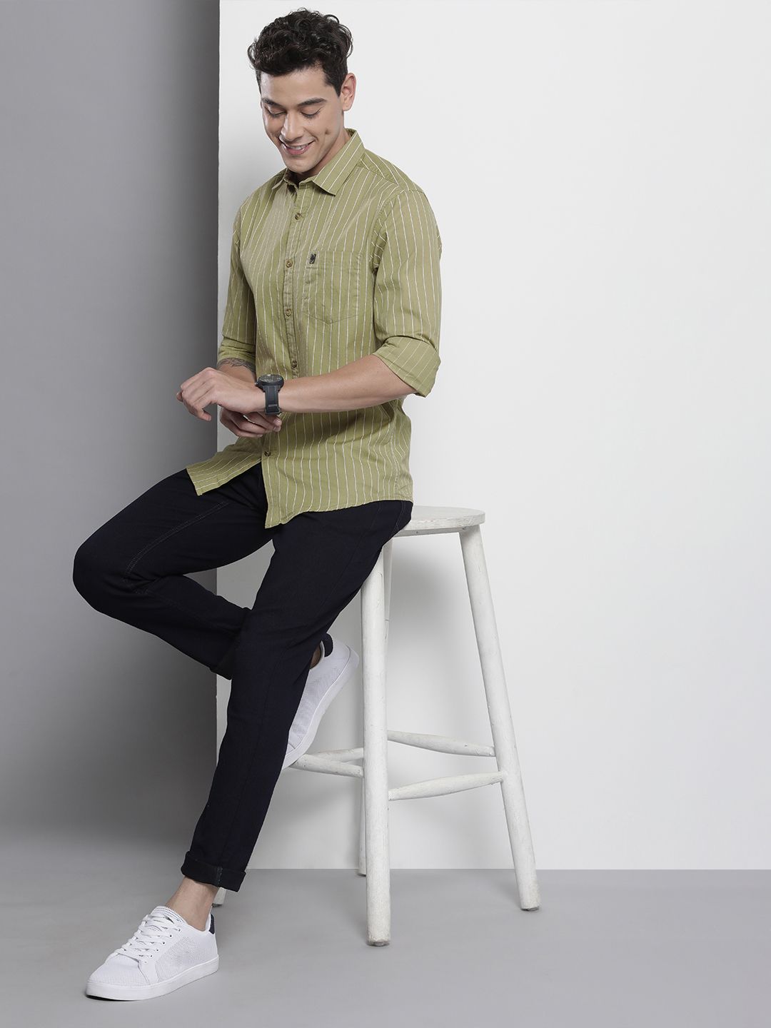 The Indian Garage Co Men Olive Green & White Striped Cotton Casual Shirt