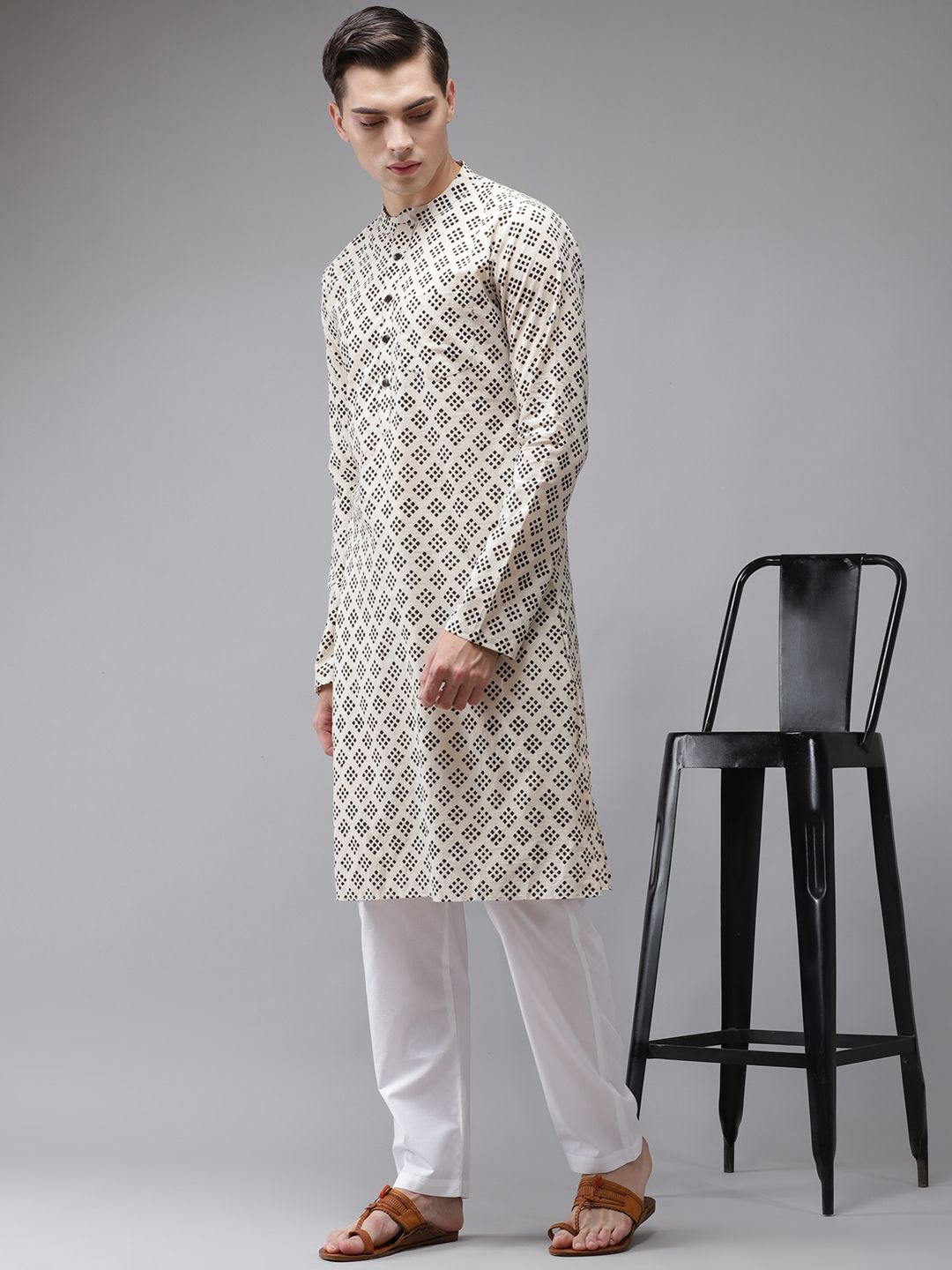 See Designs Men Beige Printed Regular Pure Cotton Kurta with Pyjamas