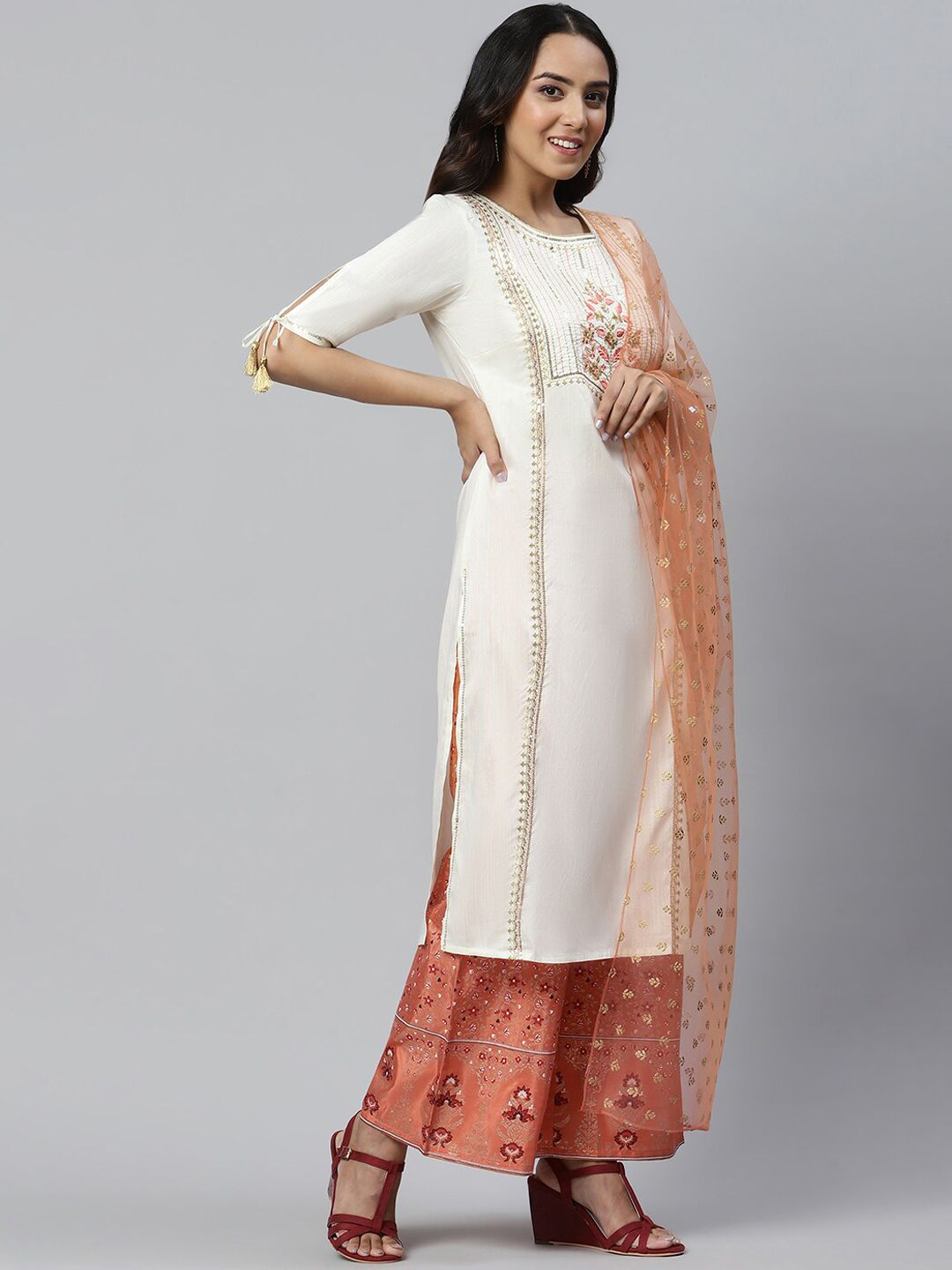 AURELIA Women White Yoke Design Panelled Sequined LIVA Kurti with Palazzos & With Dupatta