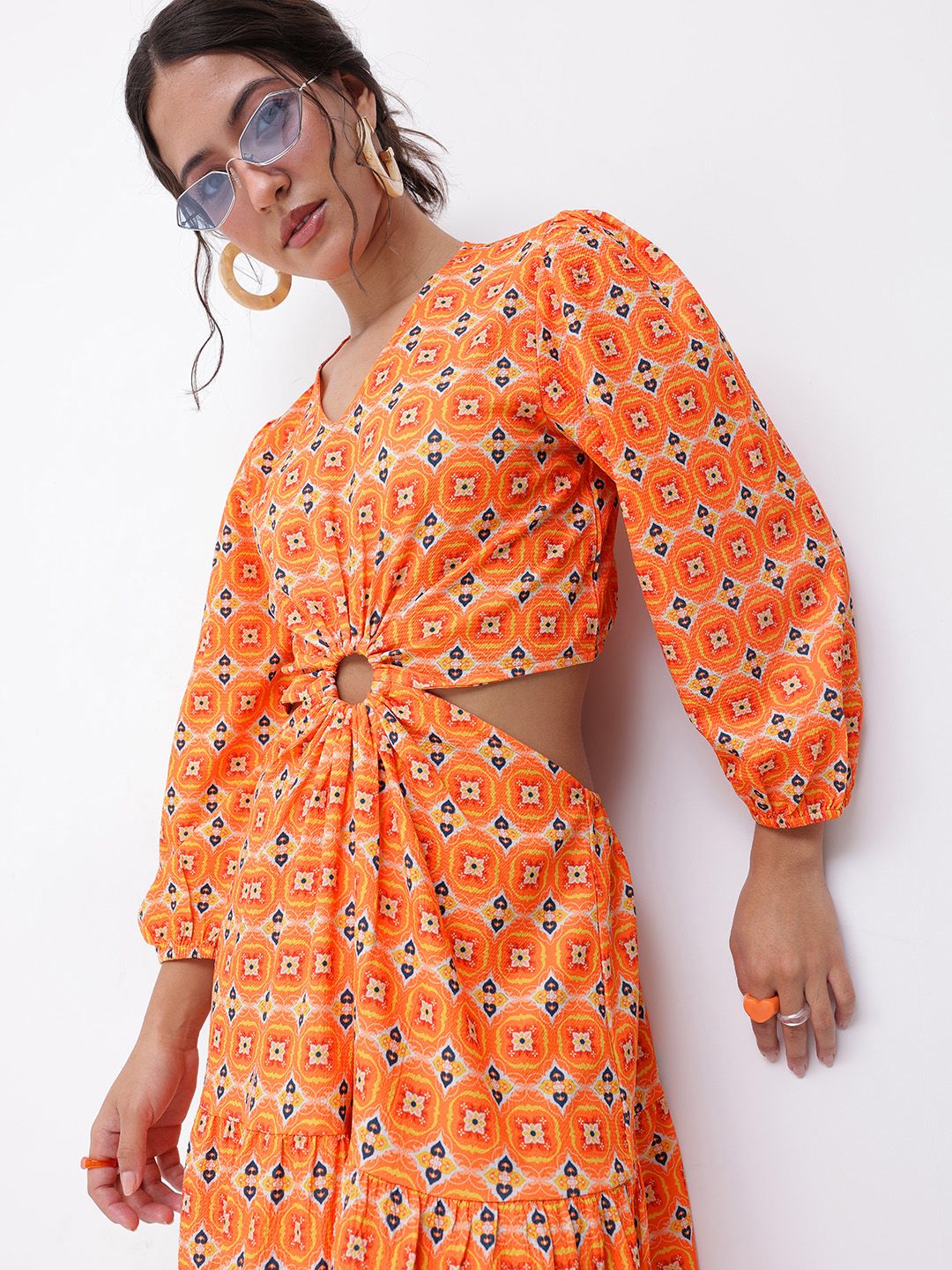 DressBerry Modern Fusion V-Neck Ethnic Print Cut-Out A-line Midi Dress