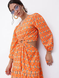 DressBerry Modern Fusion V-Neck Ethnic Print Cut-Out A-line Midi Dress