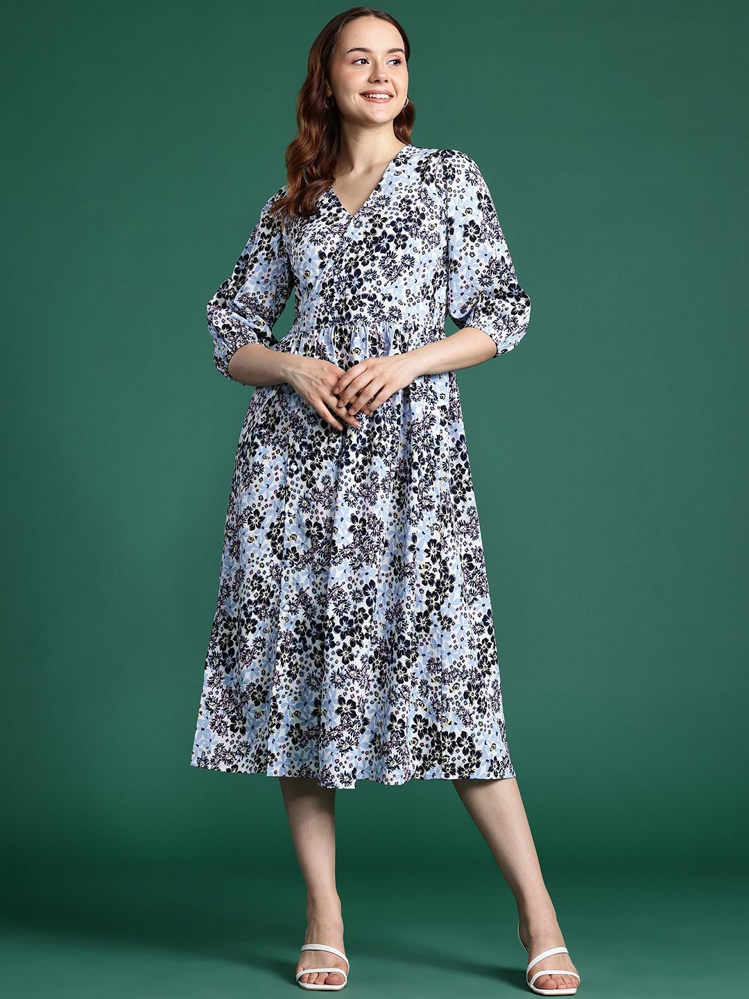 DressBerry Floral Print Puff Sleeve Fit & Flare Midi Dress