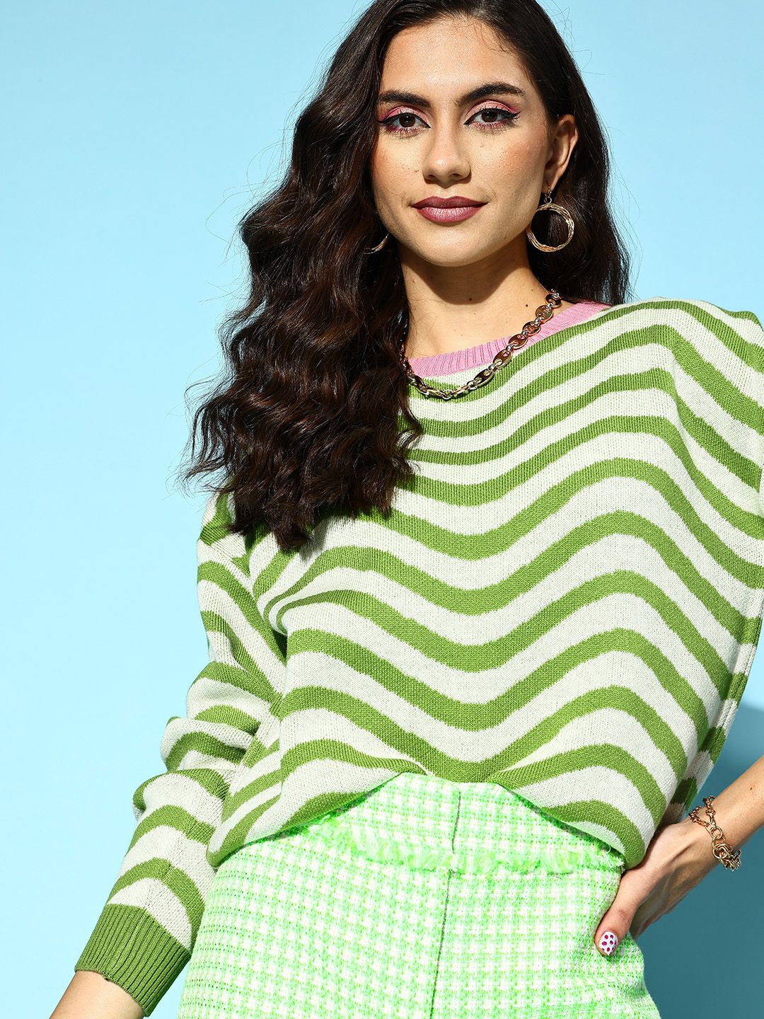 Berrylush Women Gorgeous Green Striped Knits Bits Sweater