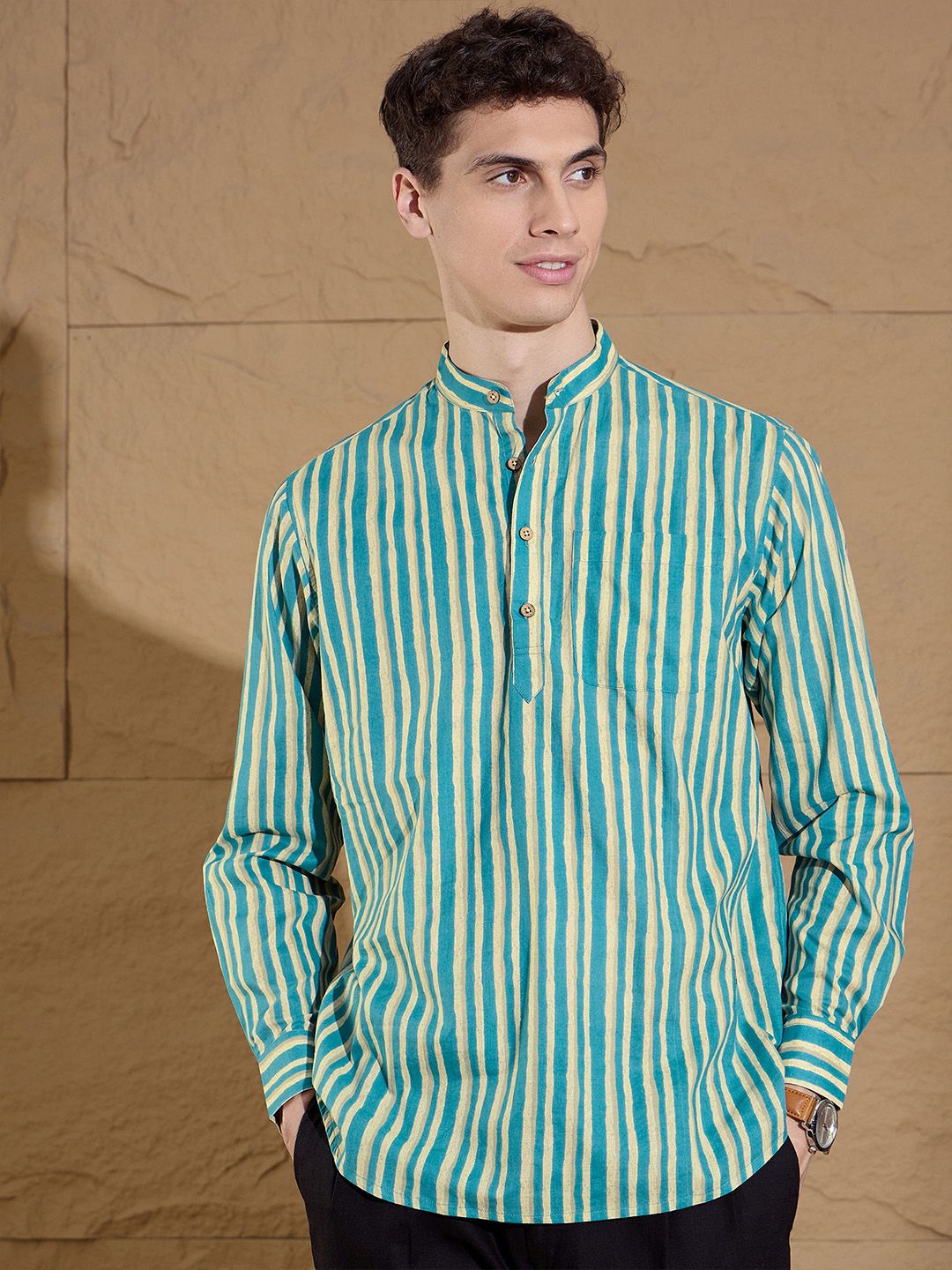 DENNISON Striped Printed Pure Cotton Band Collar Straight Kurta