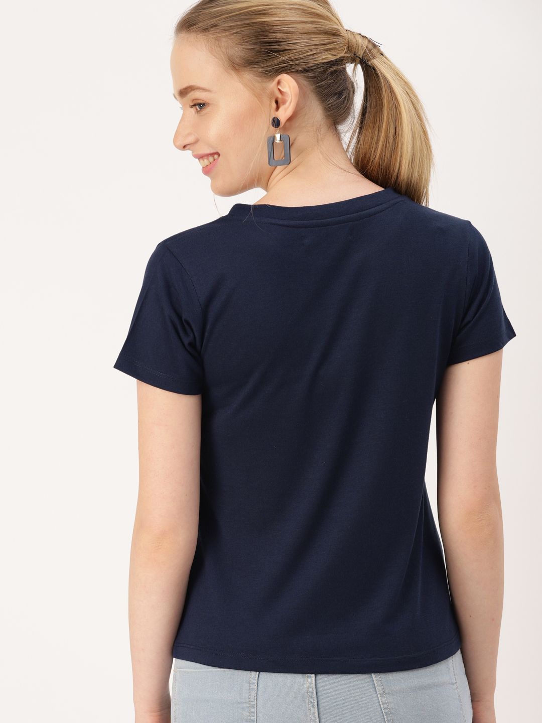 DressBerry Women Navy Blue Solid Round Neck T-shirt