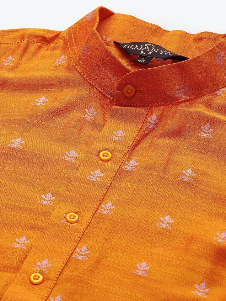 SOJANYA Men Orange & Silver Ethnic Motif Woven Design Jacquard Kurta