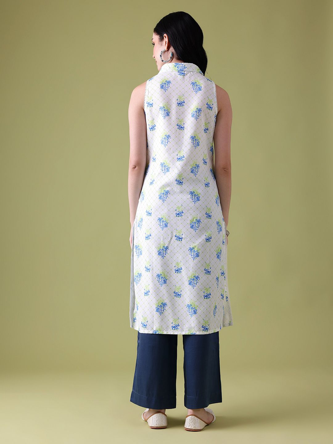 Anouk Conversational Printed Lace Insert Detail Shirt Collar Calf-Length Straight Kurta