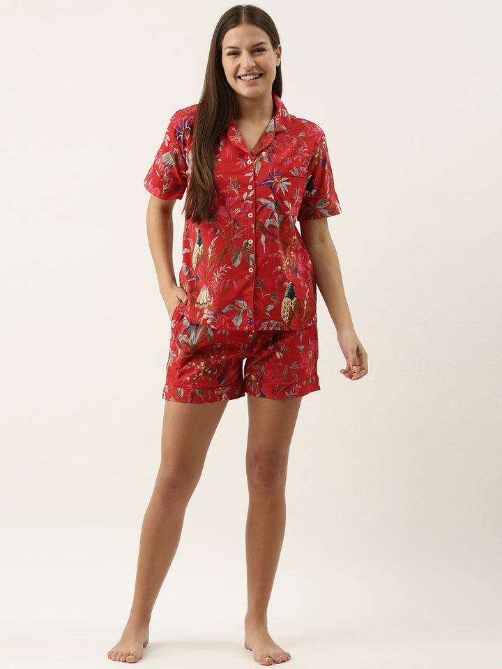 SANSKRUTIHOMES Women Red Printed Cotton Night suit