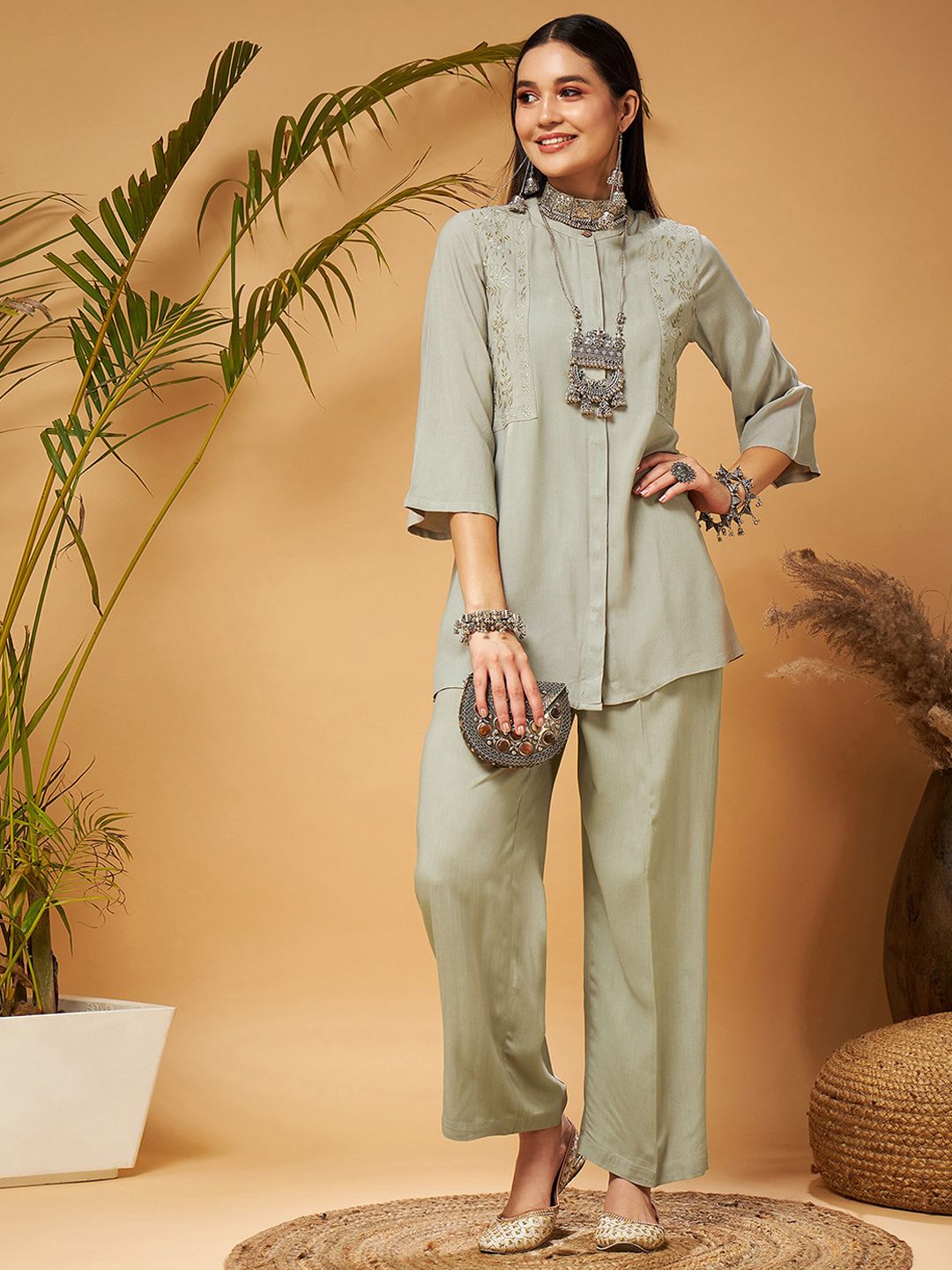 Shae by SASSAFRAS Taupe Embroidered Tunic With Palazzos