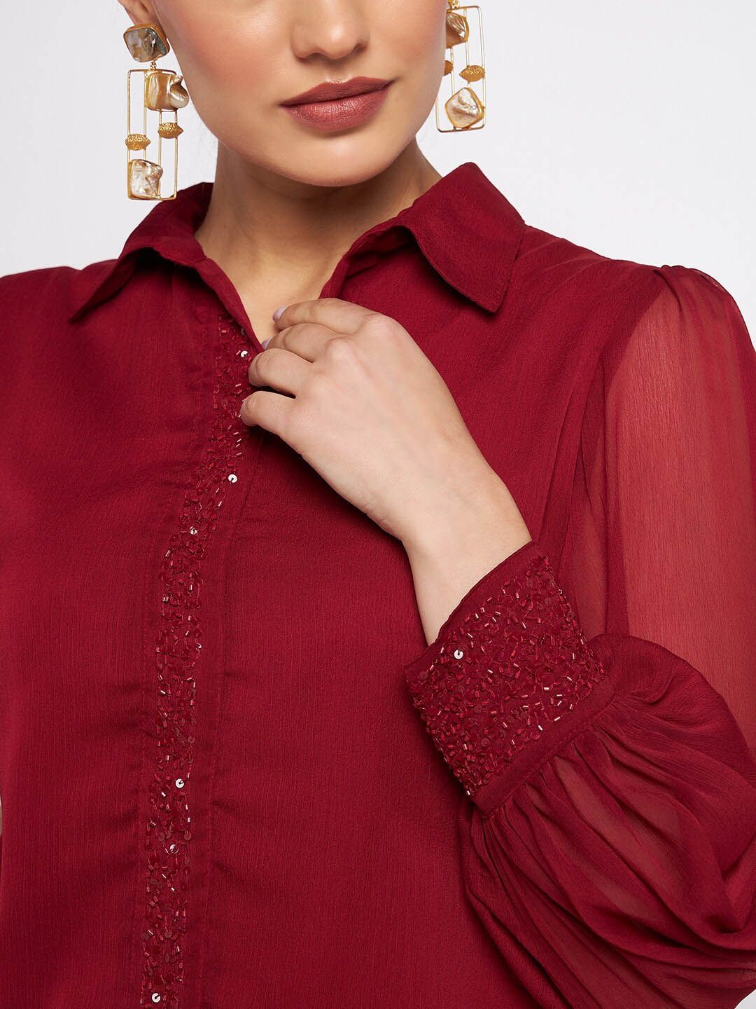 Antheaa Embellished Shirt Collar Long Sleeves Top & Sharara