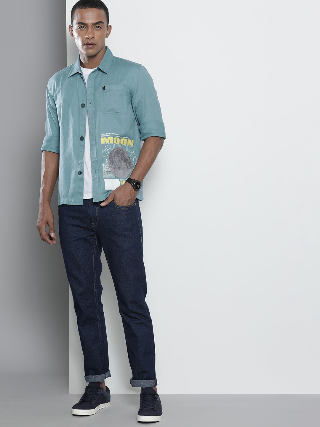 The Indian Garage Co Men Blue Slim Fit Typography Opaque Printed Casual Shirt