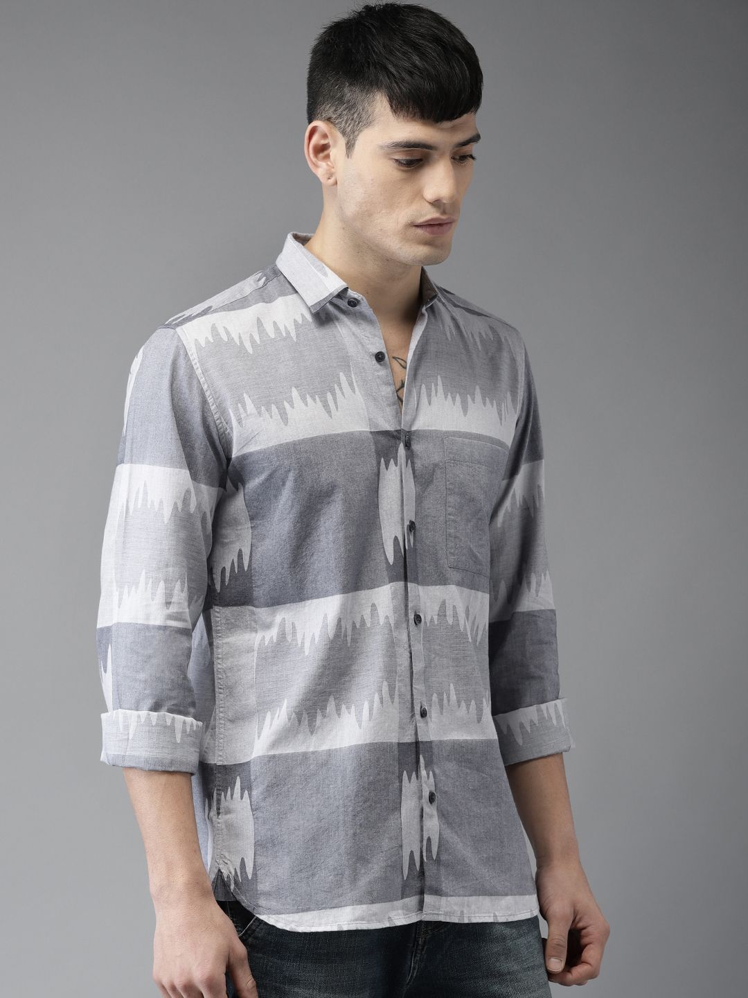 Bene Kleed Men Grey & Blue Slim Fit Self Design Casual Shirt