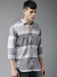Bene Kleed Men Grey & Blue Slim Fit Self Design Casual Shirt