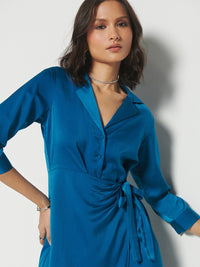 AND Lapel Collar Cuffed Sleeves Tie-Up Detailed A-Line Dress