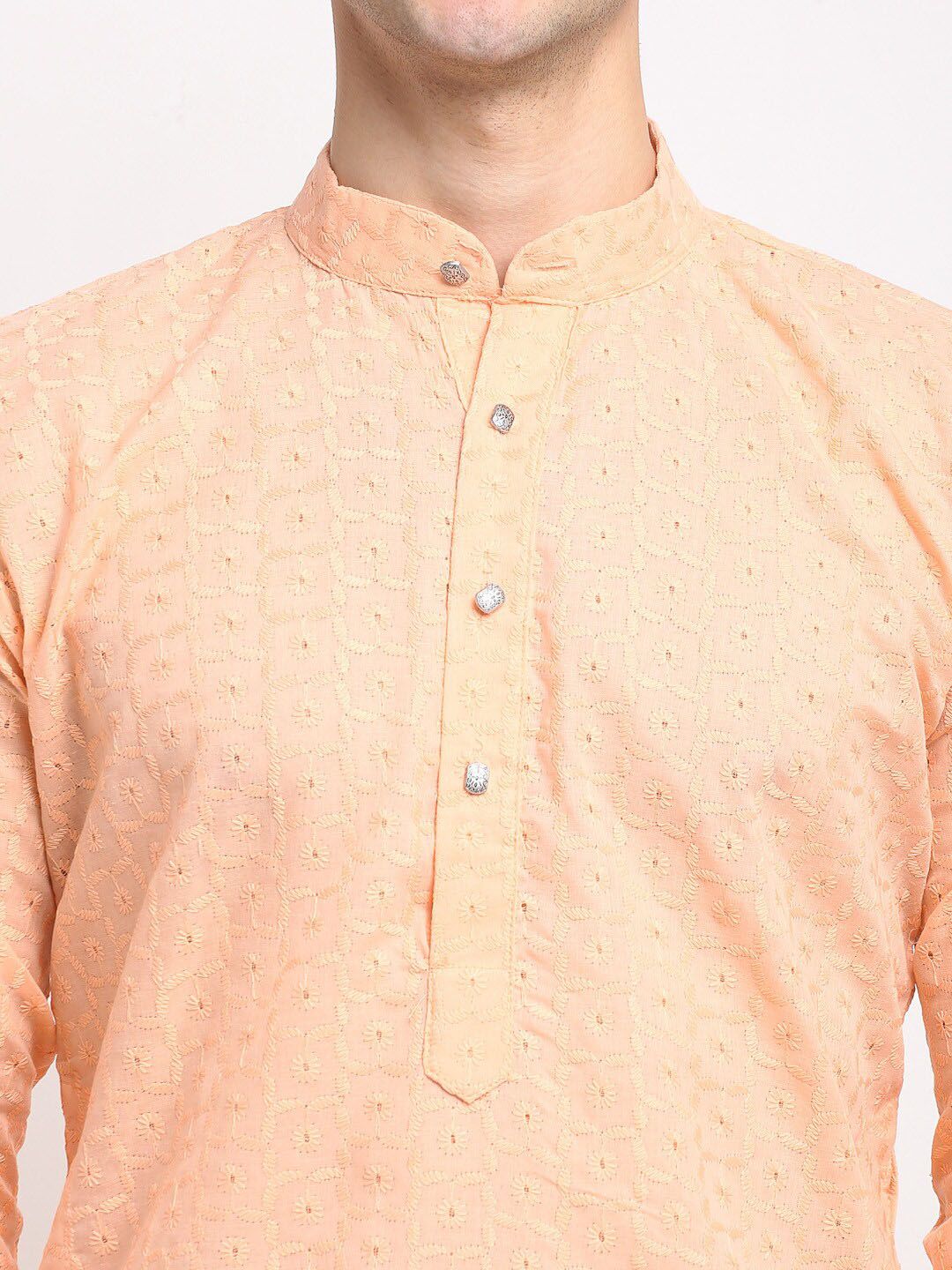 Jompers Men Orange & White Geometric Embroidered Pure Cotton Kurta With Churidar