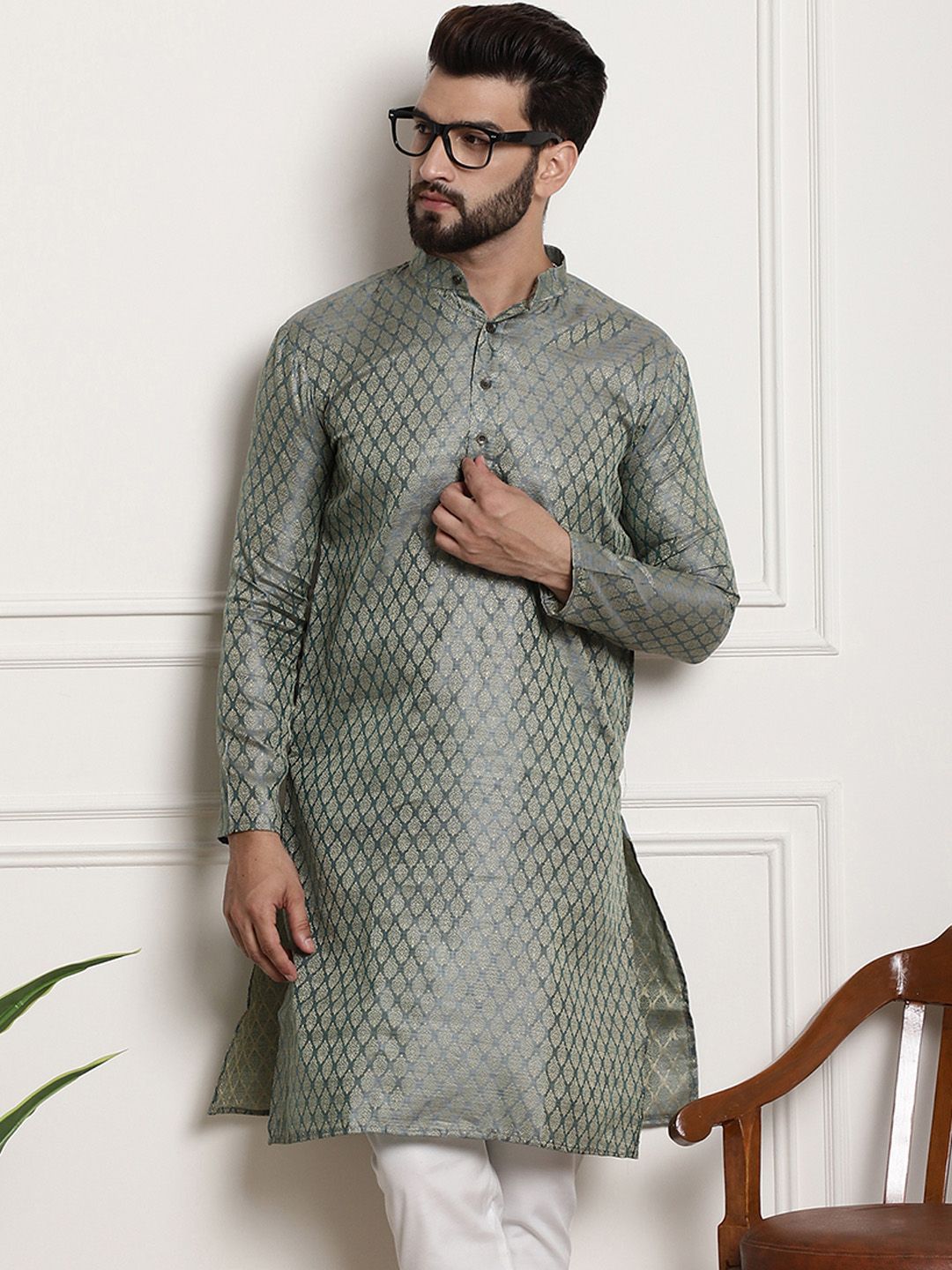 SOJANYA Lelaki Tenunan Design Jacquard Straight Kurta