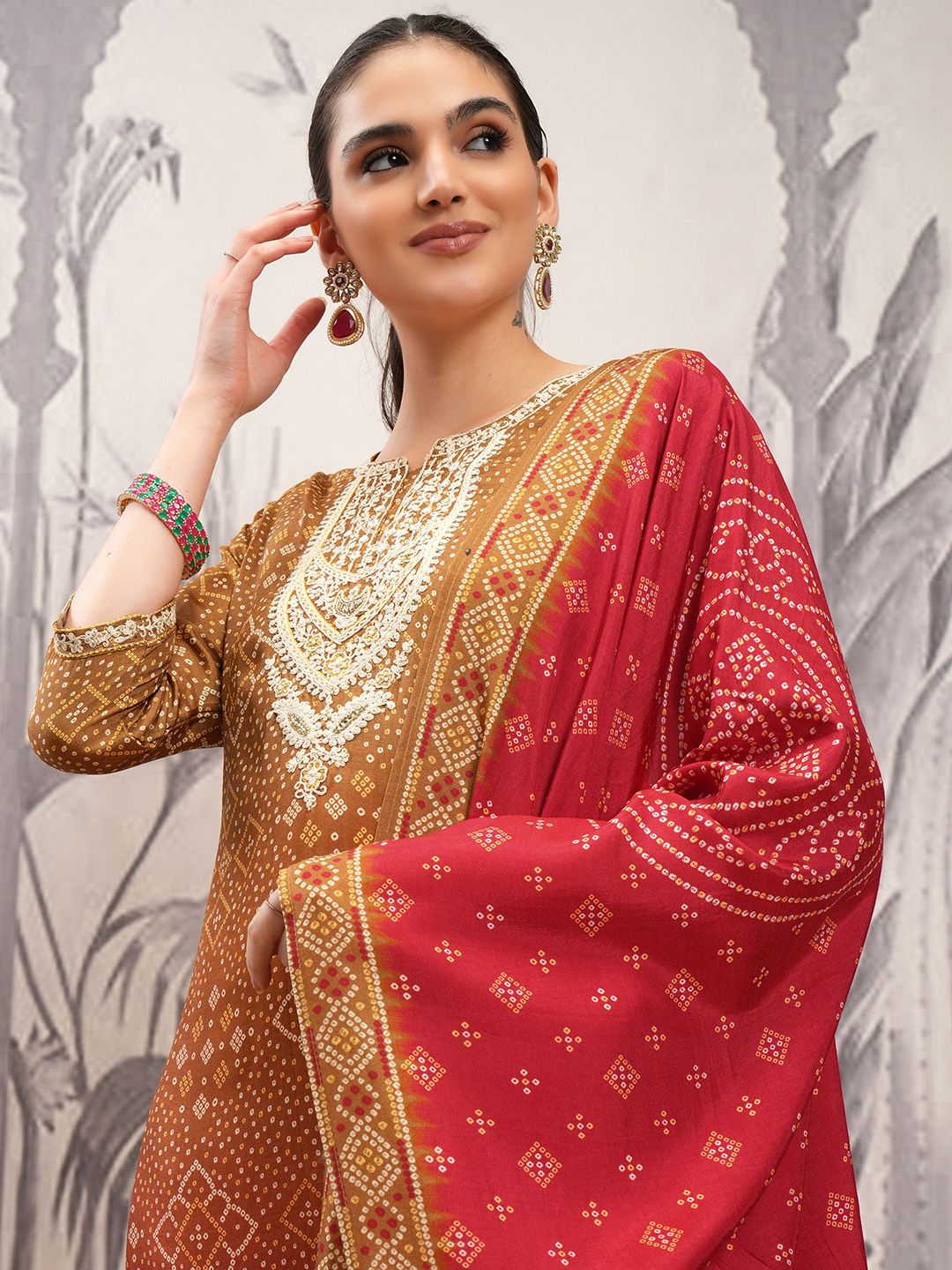 Vishudh Brown Ethnic Motifs Regular Thread Work Straight Kurta With Trousers & Dupatta