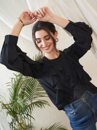 SASSAFRAS Black Cuffed Sleeves Ruffles Georgette Top