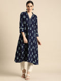 Anouk Women Navy Blue & White Ethnic Motifs Printed Indigo Kurta